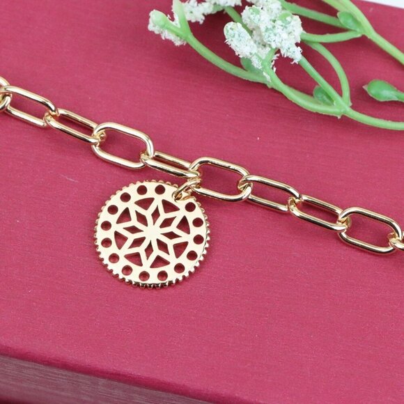 "Rose Gold Plated Bracelet with Cutout Floral Disc Charm, XPBL0880 - Picture 12 of 13
